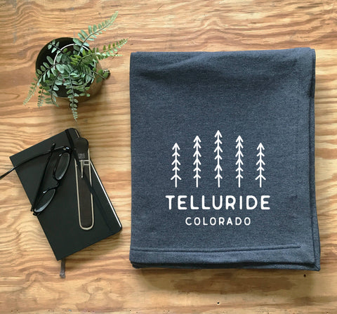 Custom City & State Sweatshirt Throw Blanket With Pine Trees - Charcoal