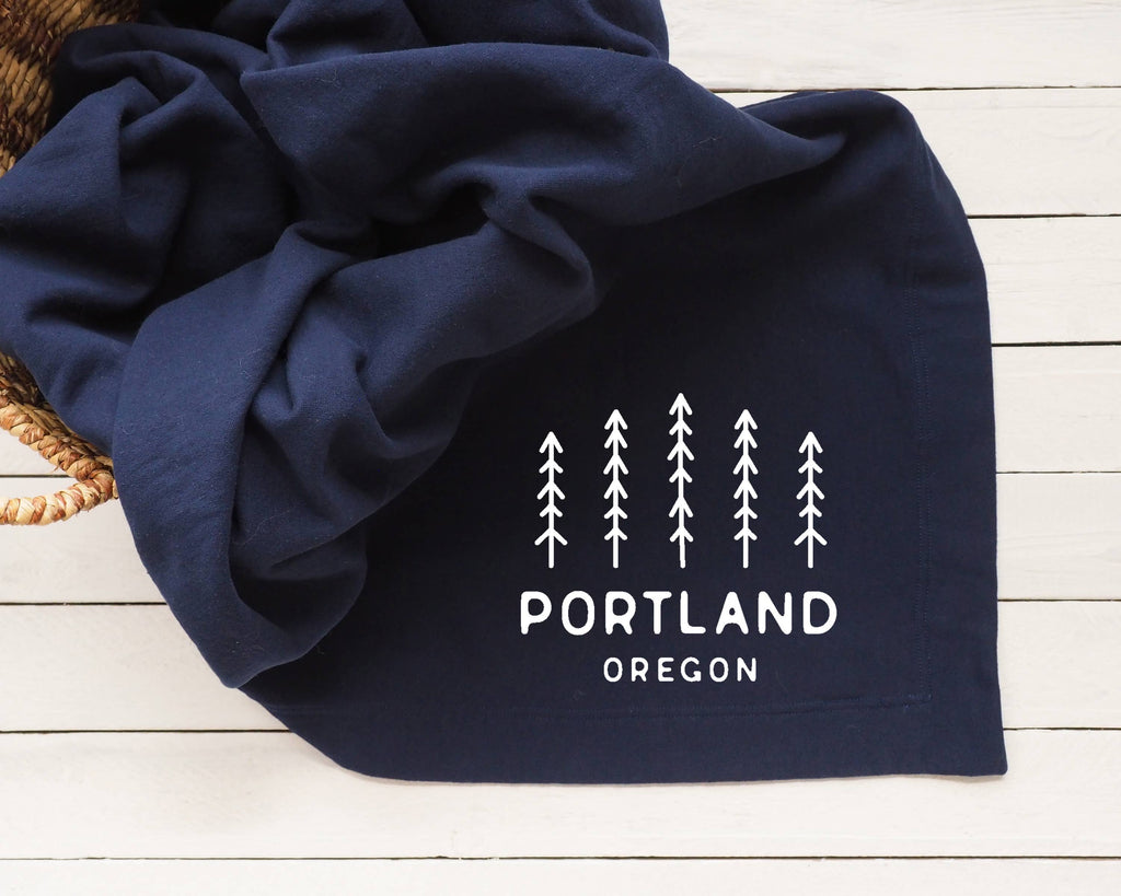 Custom City & State Sweatshirt Throw Blanket With Pine Trees - Evergreen