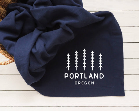 Custom City & State Sweatshirt Throw Blanket With Pine Trees - Navy