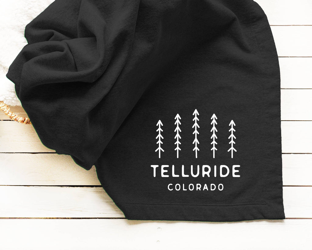 Custom City & State Sweatshirt Throw Blanket With Pine Trees - Charcoal