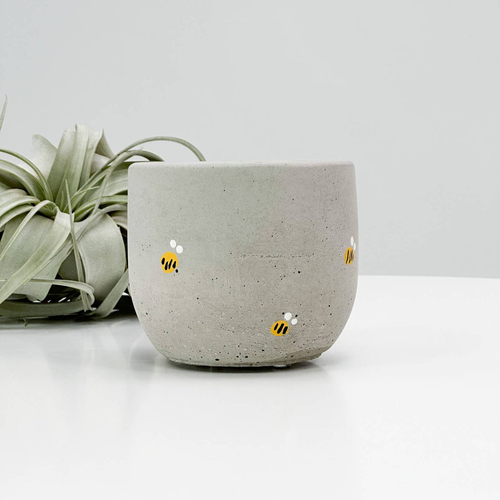Bell Planter Painted - 4" | Plant Pot With Drainage Hole - Raw Concrete with Bees