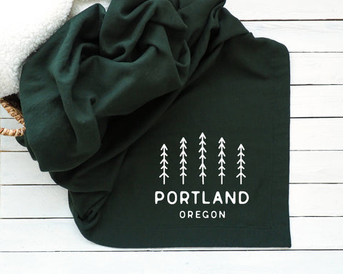 Custom City & State Sweatshirt Throw Blanket With Pine Trees - Evergreen