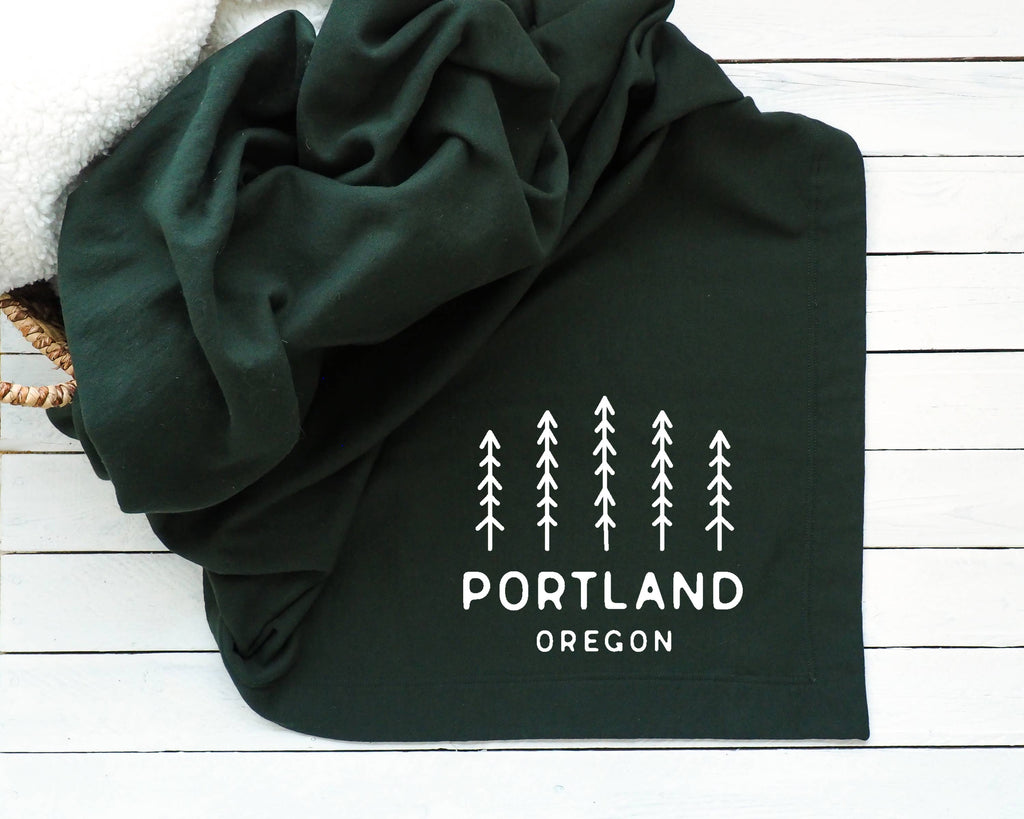 Custom City & State Sweatshirt Throw Blanket With Pine Trees - Navy