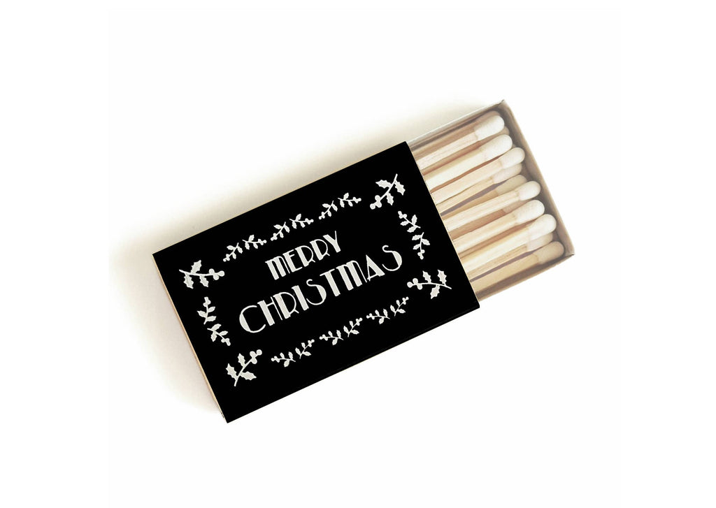 Merry Christmas Matchbox | Festive Yuletide Candle Matches - Black on White