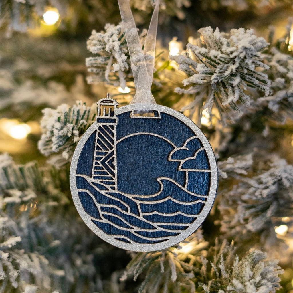 Wood Lighthouse Silver and Midnight Blue Ornament