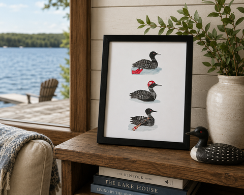 Framed watercolor illustrated 8x10 Lake Loons print