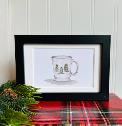 Framed 4x6 watercolor illustrated art-Evergreen tree mug
