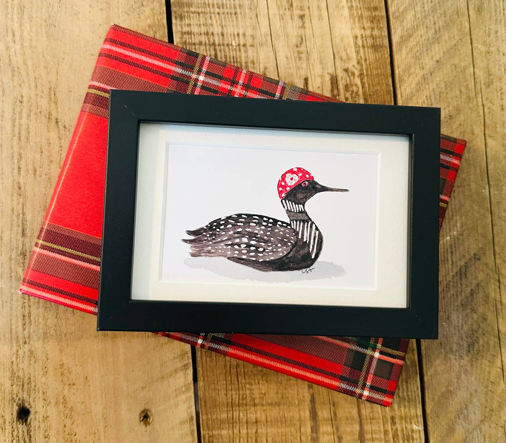 Framed 4x6 watercolor illustrated loon with swim cap