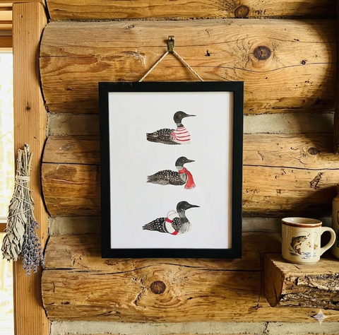 Framed watercolor illustrated 8x10 Loon Trio art print