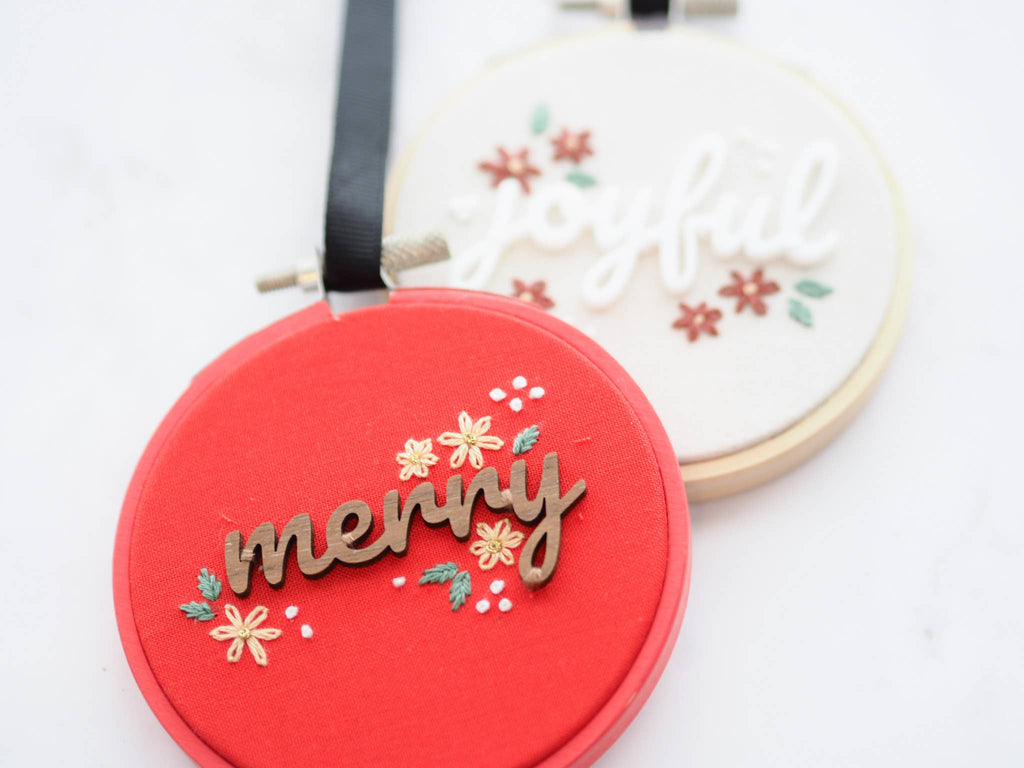 3D text and Embroidered Christmas Ornaments: Merry