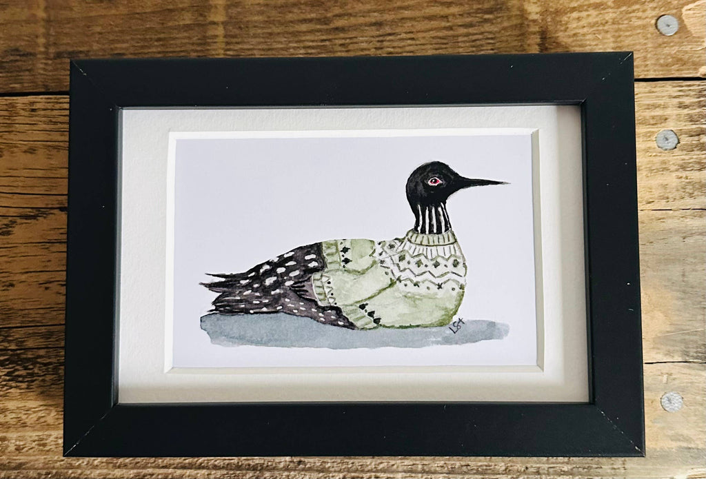 Framed 4x6 watercolor illustrated art- Sweater Loon