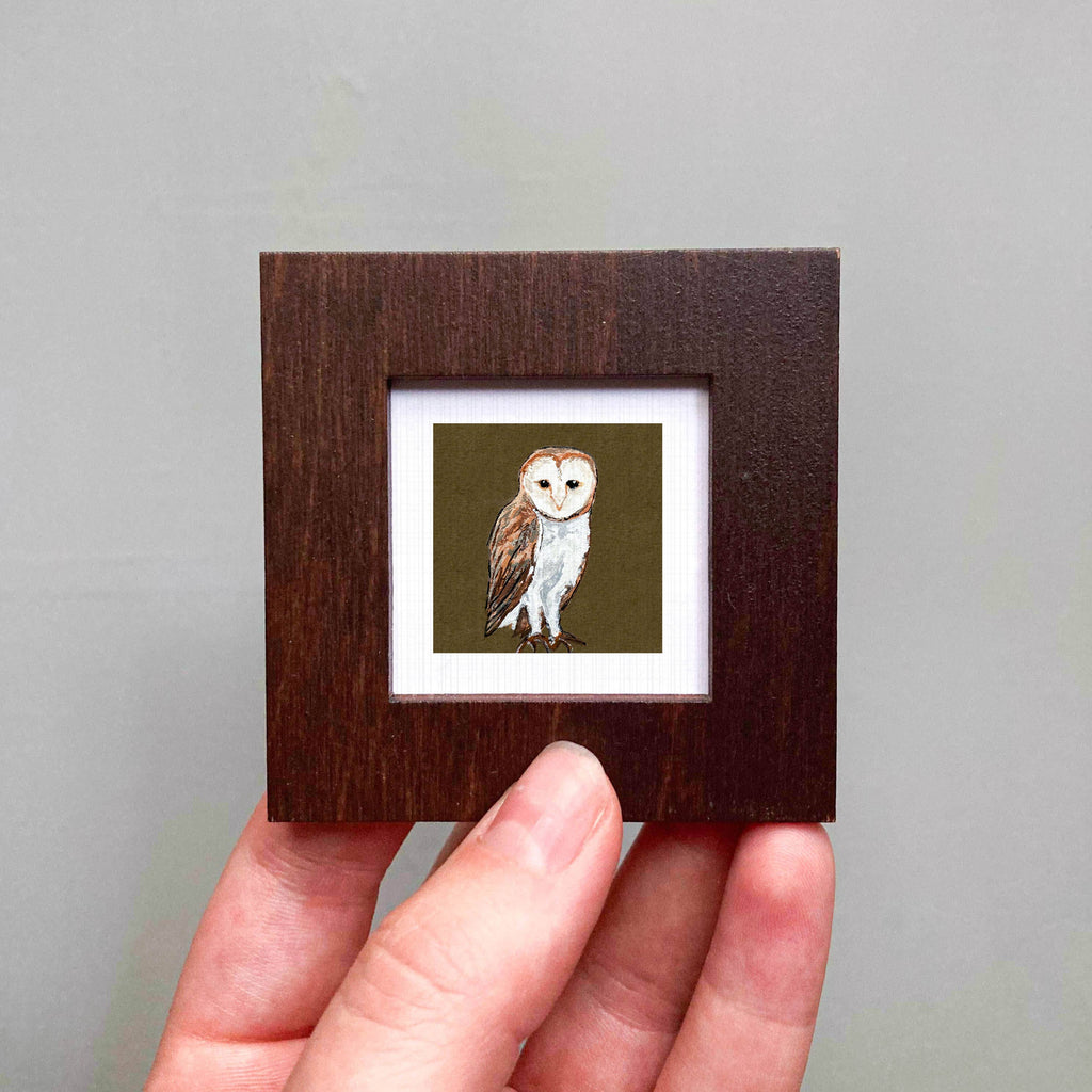 Barn Owl Mini Art Print - 1.5"-2.5" Framed  - Wooden Wall Frame