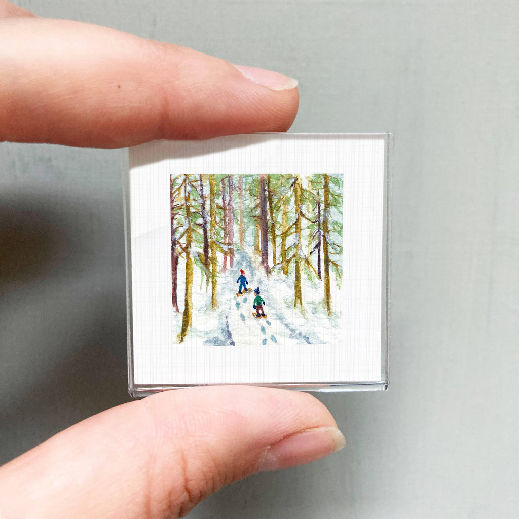 Snowshoeing Mini Art Print - 1.5"-2.5" Framed - White Frame