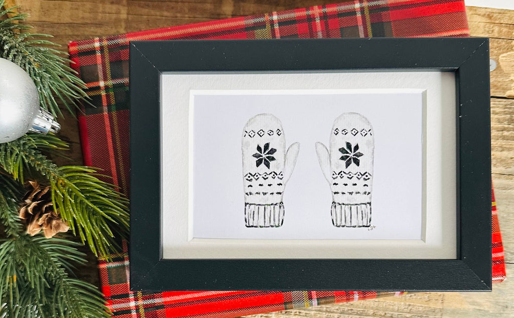 Framed 4x6 watercolor illustrated art-Mittens