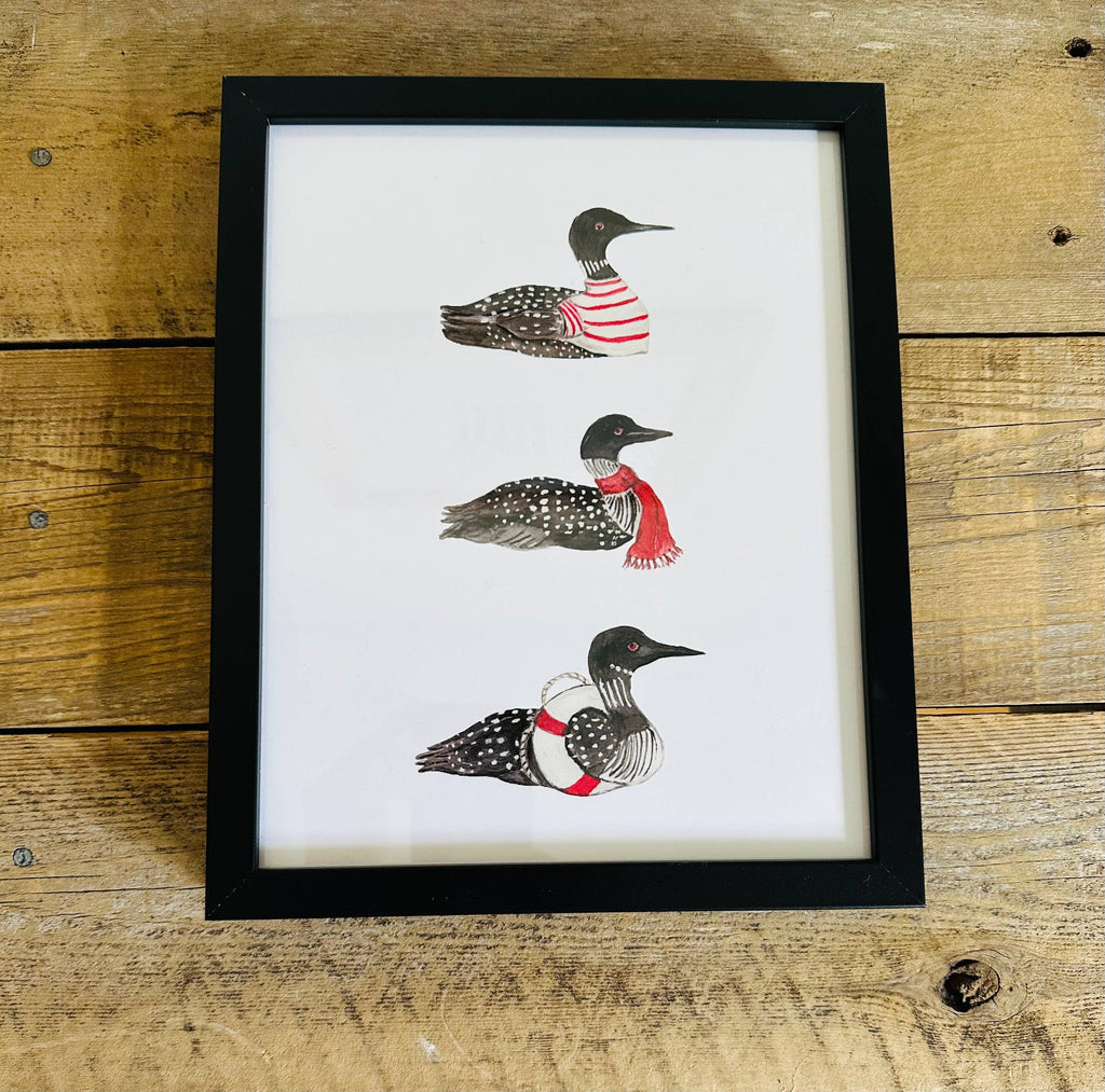 Framed watercolor illustrated 8x10 Loon Trio art print