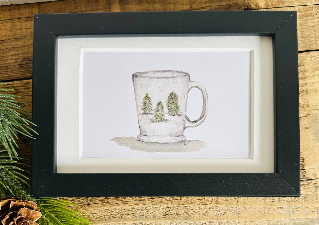 Framed 4x6 watercolor illustrated art-Evergreen tree mug