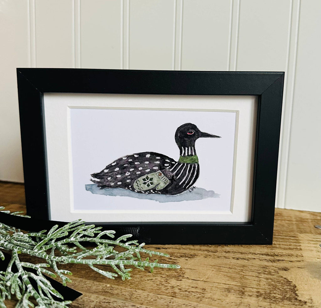 Framed 4x6 watercolor illustrated art-Mitten Loon