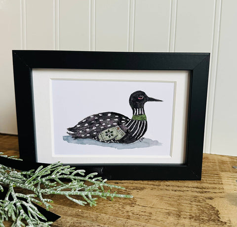 Framed 4x6 watercolor illustrated art-Mitten Loon