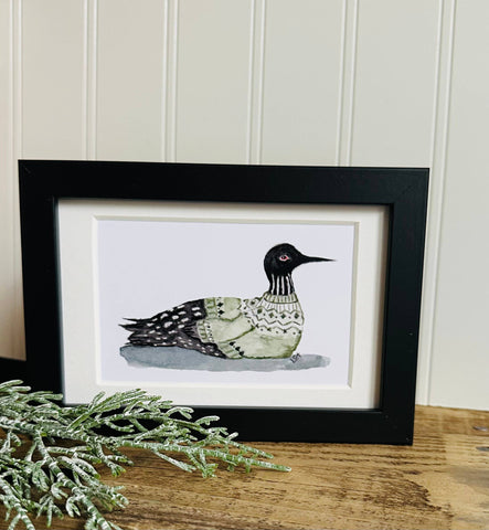 Framed 4x6 watercolor illustrated art- Sweater Loon
