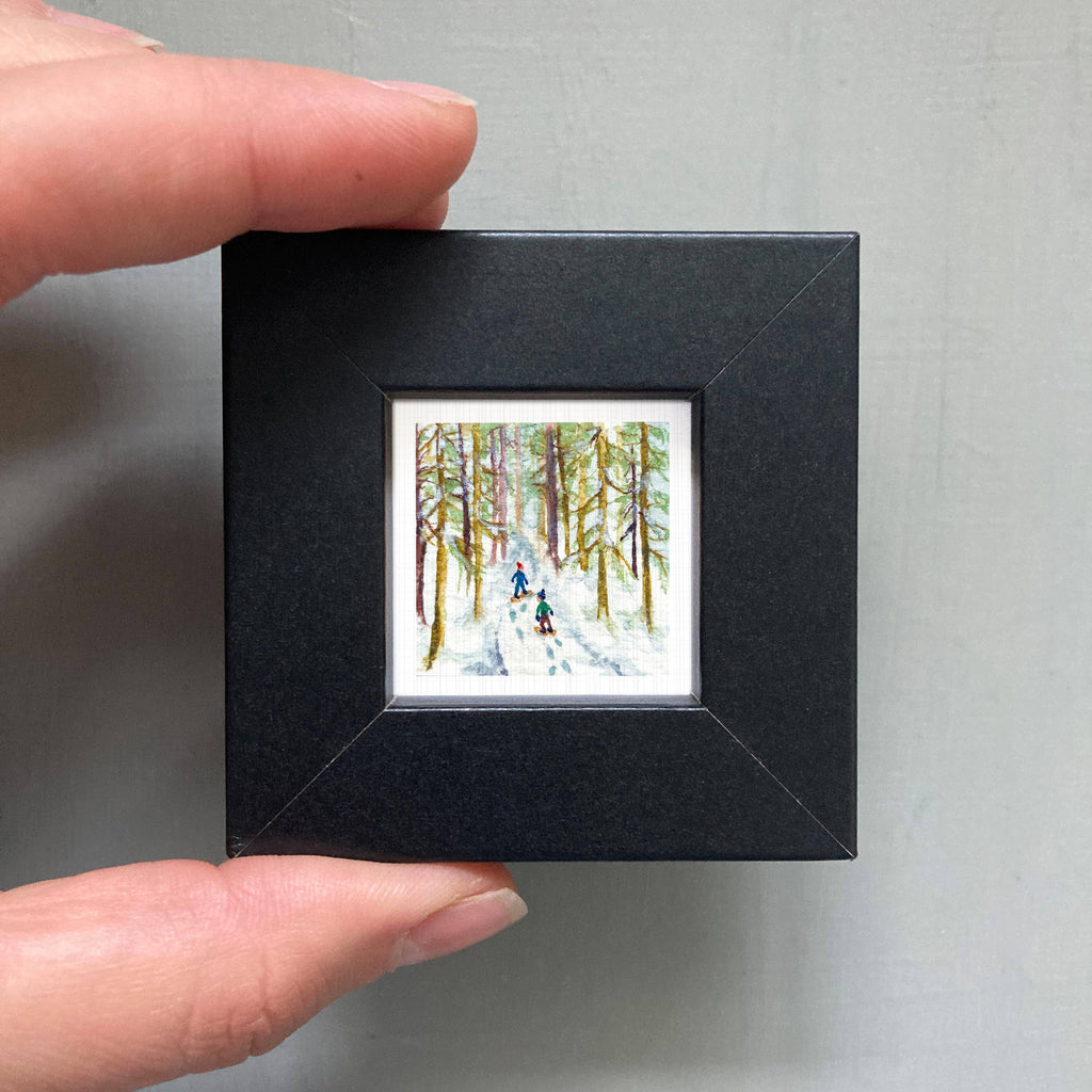 Snowshoeing Mini Art Print - 1.5"-2.5" Framed - White Frame