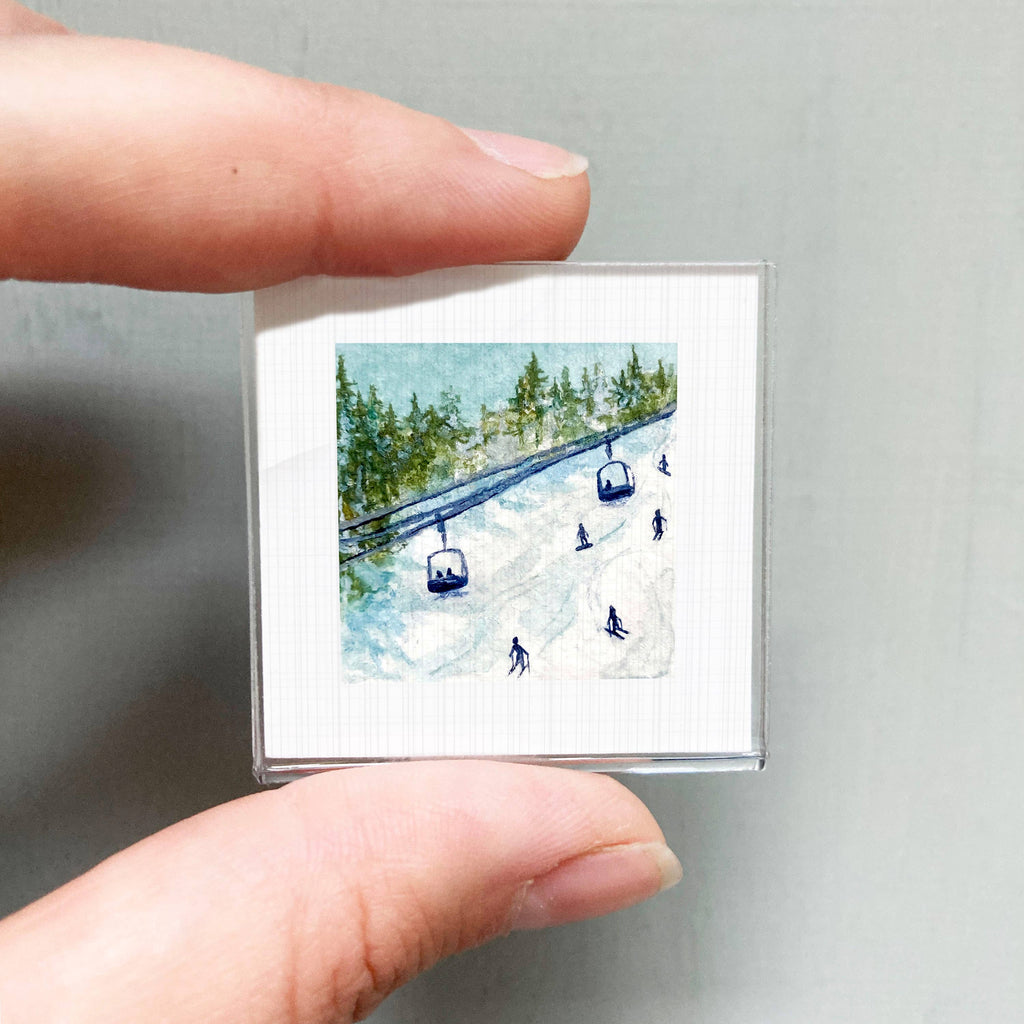 Skiing Snowboarding Mini Art Print - 1.5"-2.5" Framed - White Frame