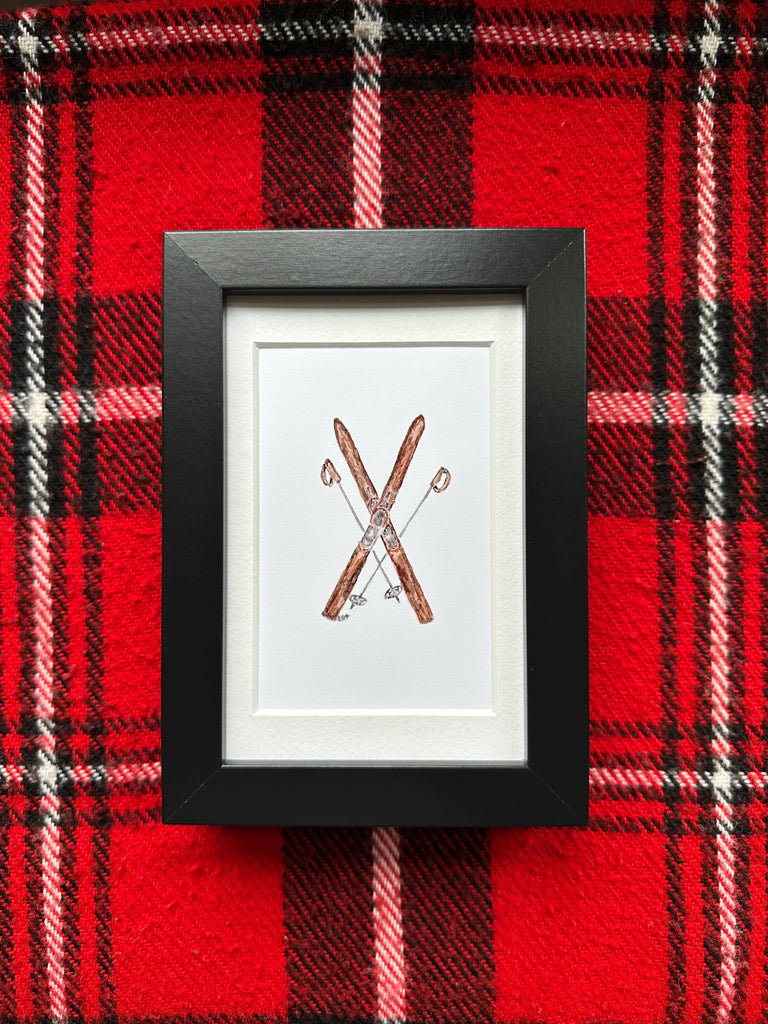 Framed watercolor 4x6 art-skis