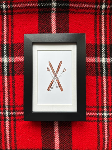 Framed watercolor 4x6 art-skis