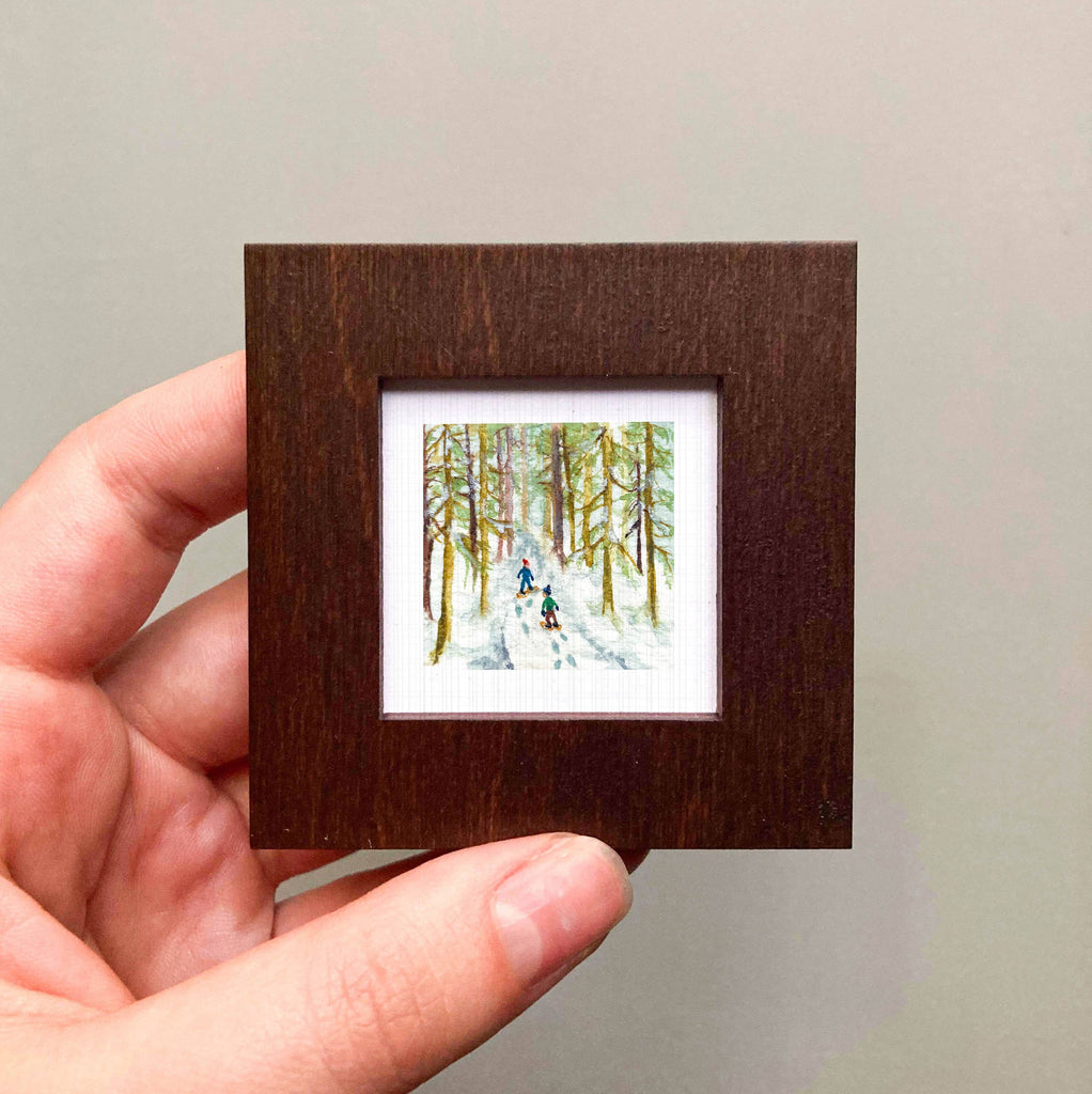 Snowshoeing Mini Art Print - 1.5"-2.5" Framed - White Frame