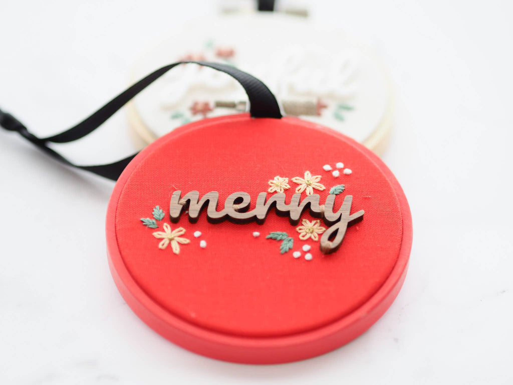 3D text and Embroidered Christmas Ornaments: Joyful