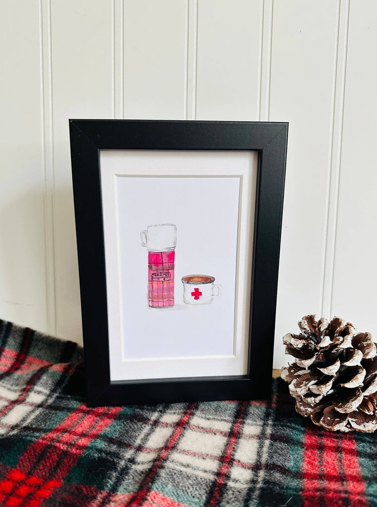 Framed watercolor 4x6 art-Plaid thermos & cup