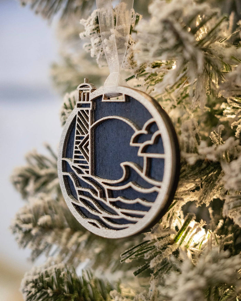 Wood Lighthouse Silver and Midnight Blue Ornament