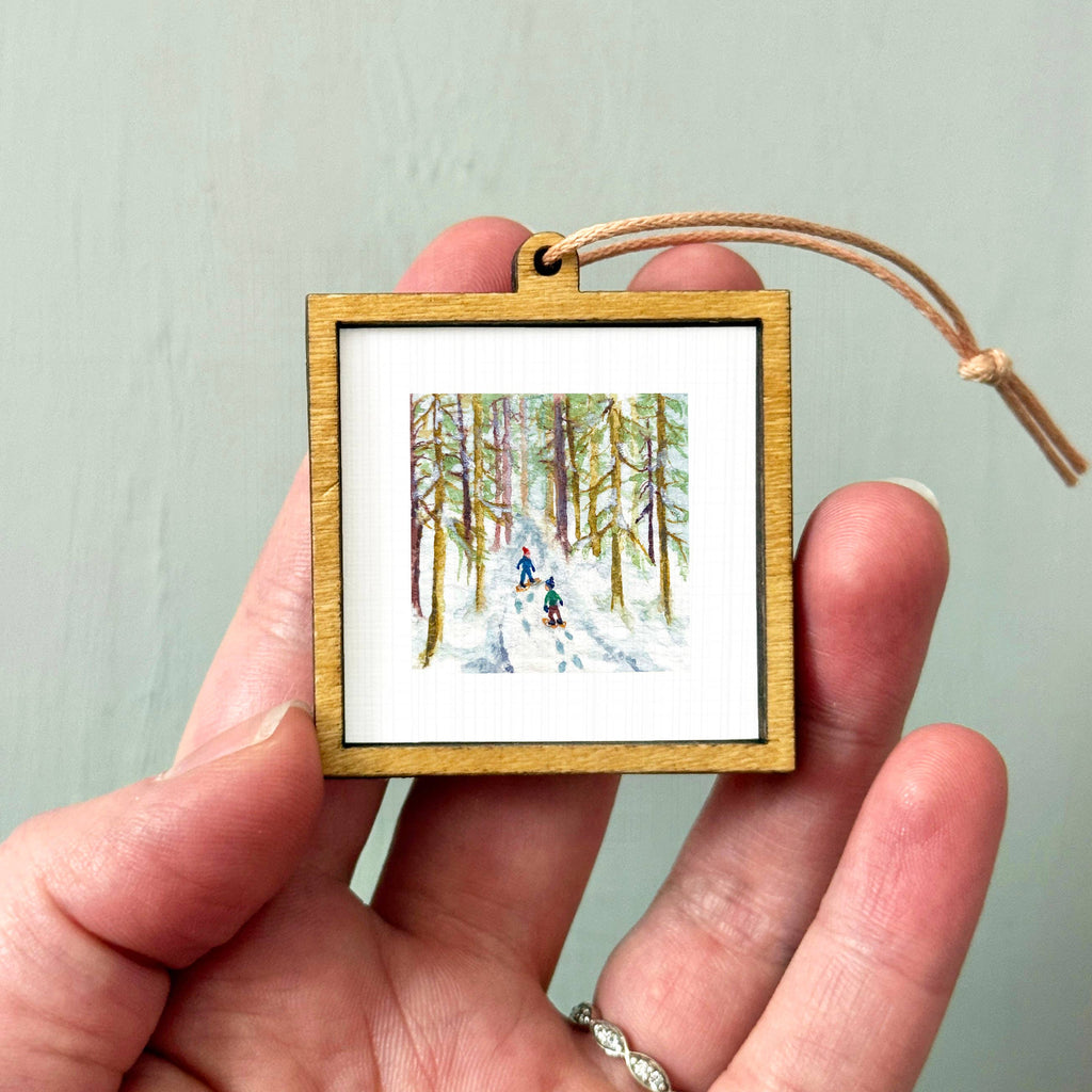 Snowshoeing Mini Art Print - 1.5"-2.5" Framed - White Frame