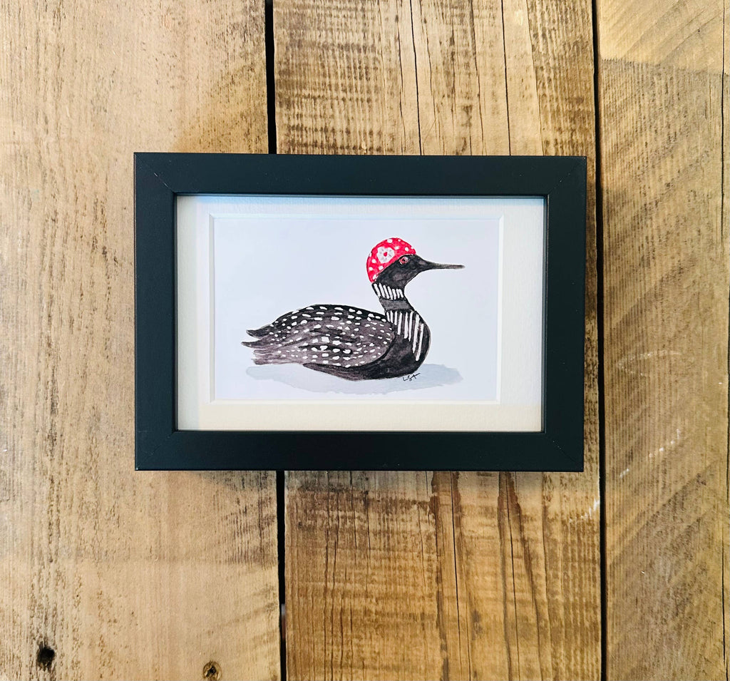 Framed 4x6 watercolor illustrated loon with swim cap