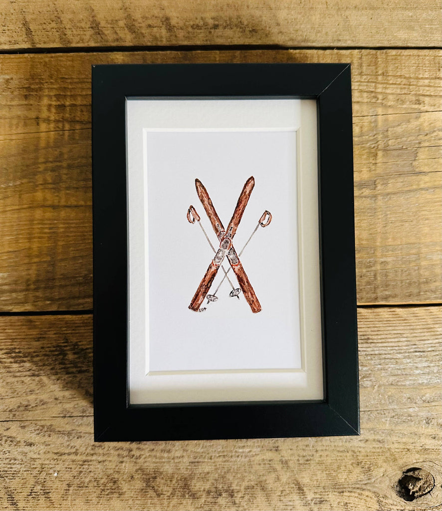 Framed watercolor 4x6 art-skis