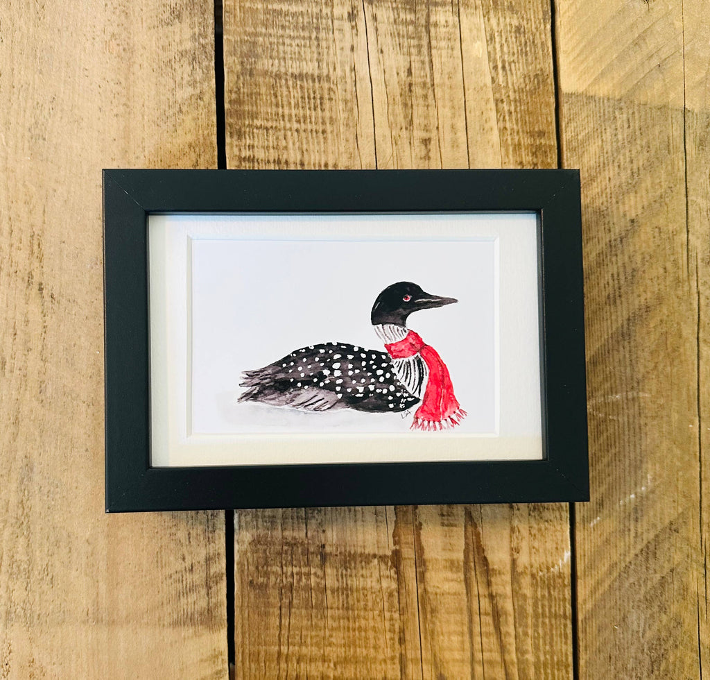 Framed watercolor 4x6 art-Scarf loon