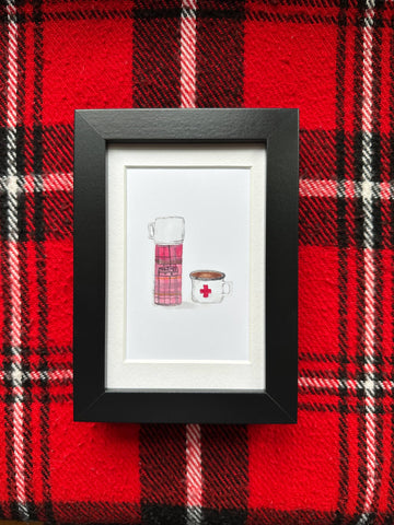 Framed watercolor 4x6 art-Plaid thermos & cup