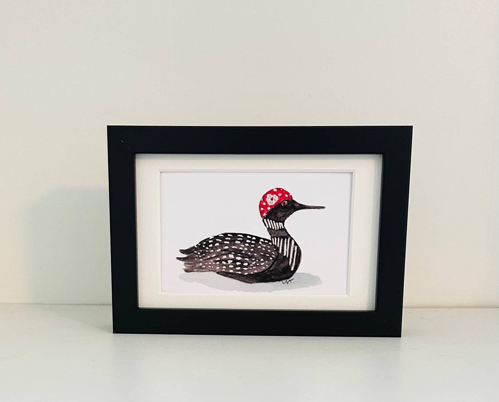 Framed 4x6 watercolor illustrated loon with swim cap
