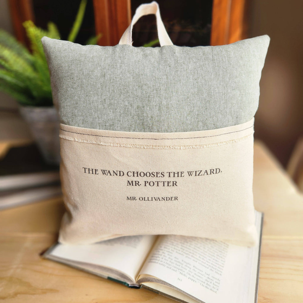 The Wand Chooses the Wizard, Reading Pillow, green linen