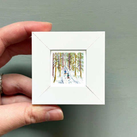 Snowshoeing Mini Art Print - 1.5"-2.5" Framed - White Frame