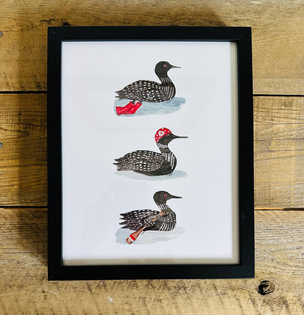 Framed watercolor illustrated 8x10 Lake Loons print