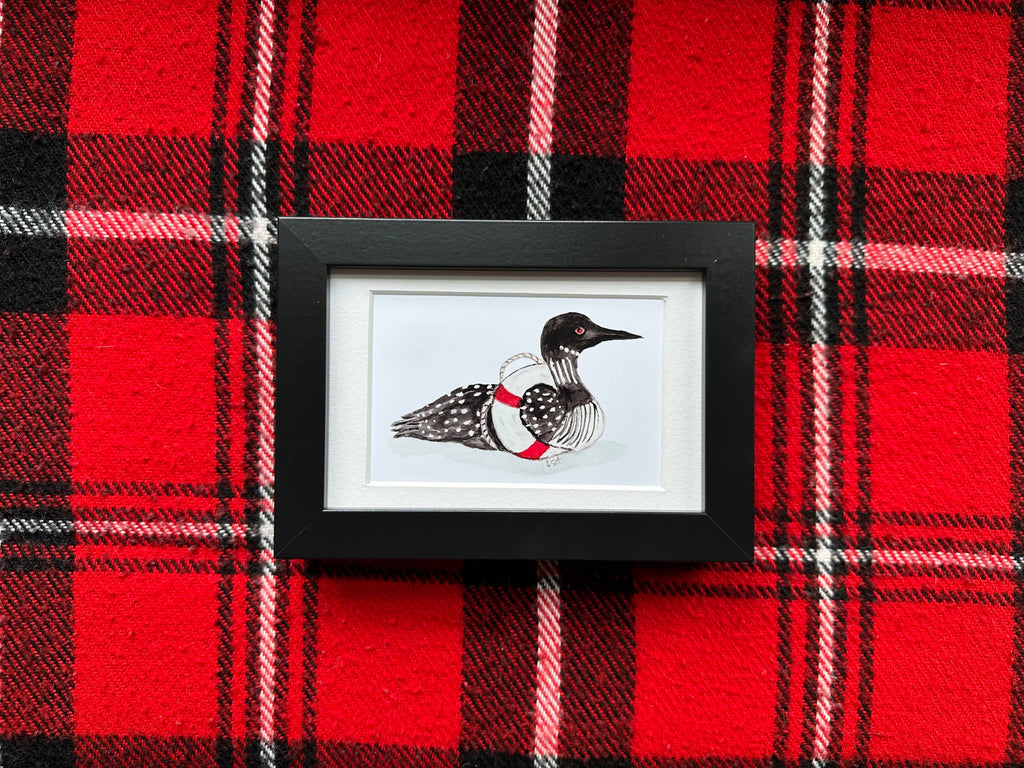Framed watercolor 4x6 art-Life ring loon