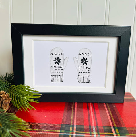 Framed 4x6 watercolor illustrated art-Mittens