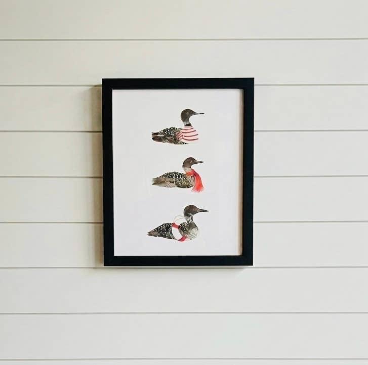 Framed watercolor illustrated 8x10 Loon Trio art print