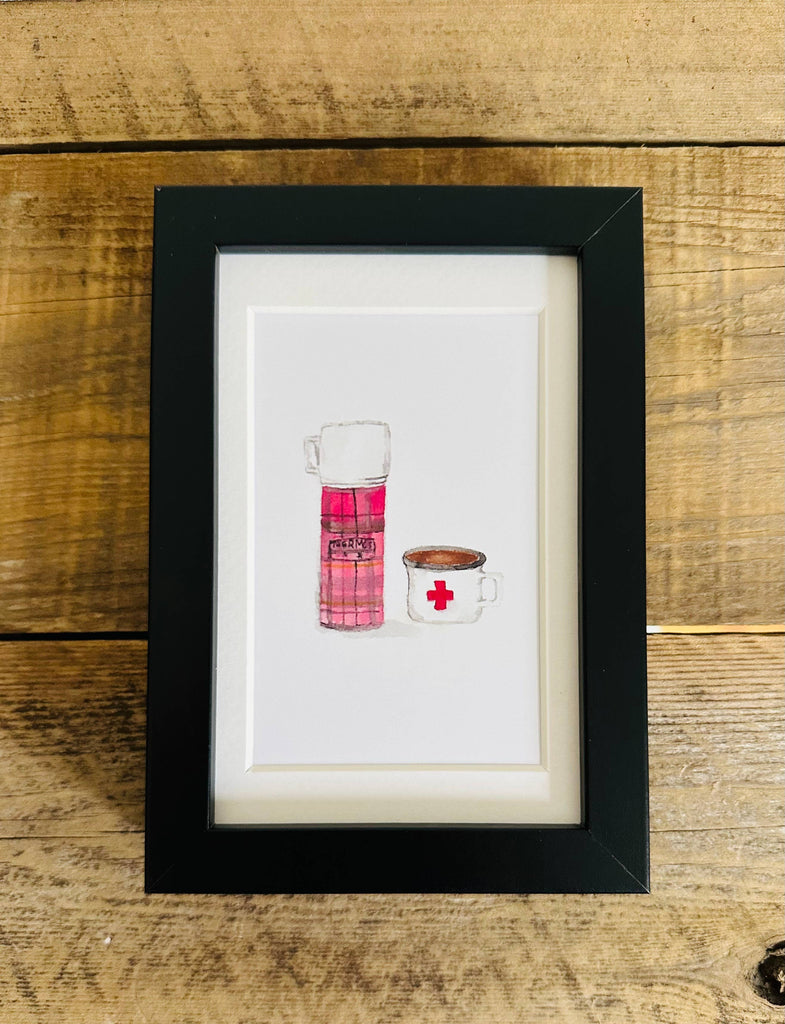 Framed watercolor 4x6 art-Plaid thermos & cup