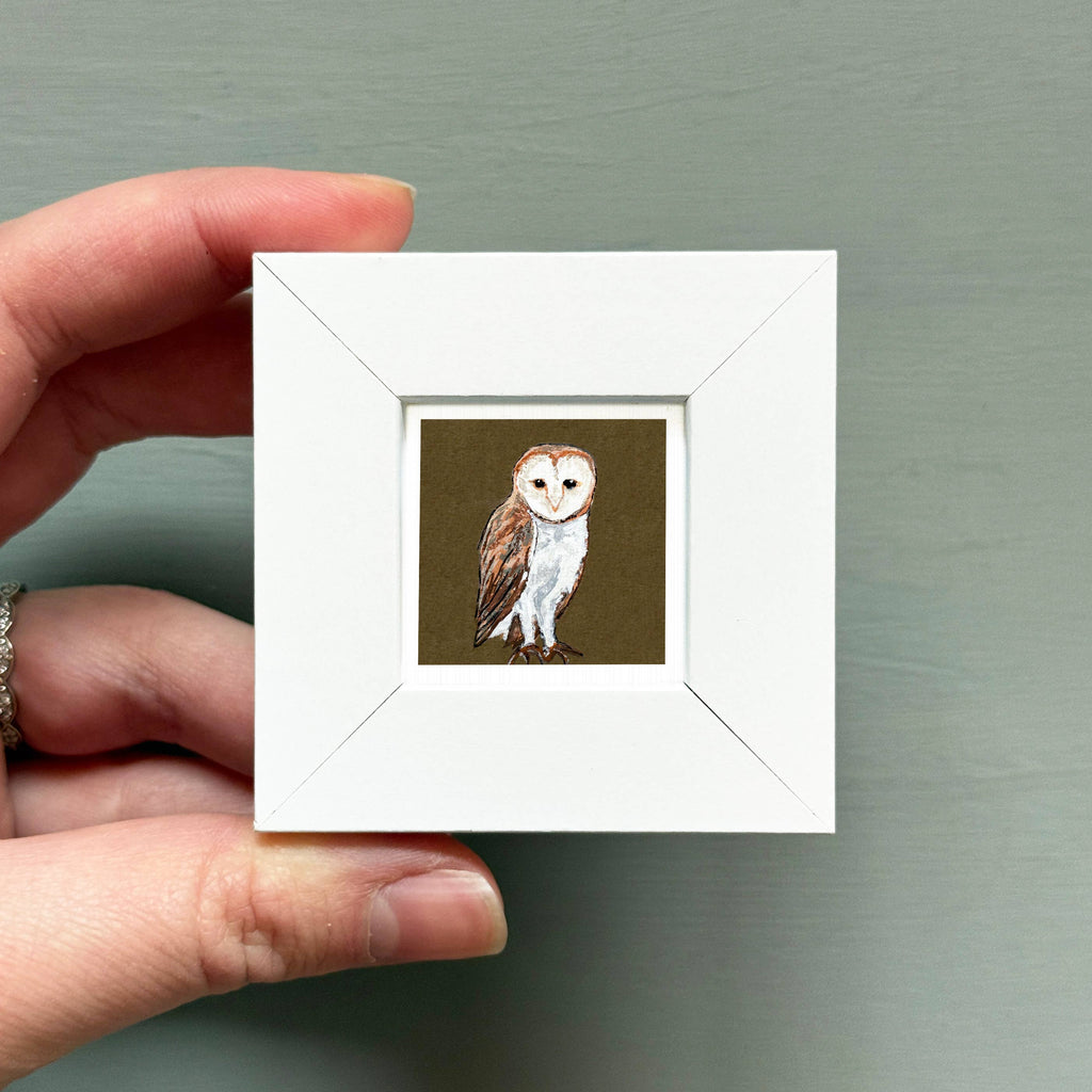 Barn Owl Mini Art Print - 1.5"-2.5" Framed  - Wooden Wall Frame