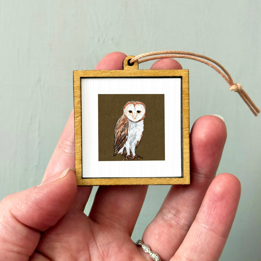 Barn Owl Mini Art Print - 1.5"-2.5" Framed  - Wooden Wall Frame