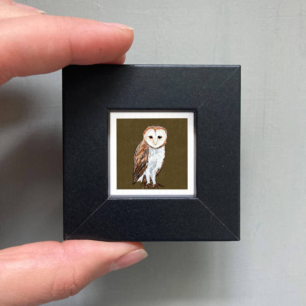 Barn Owl Mini Art Print - 1.5"-2.5" Framed  - Wooden Wall Frame