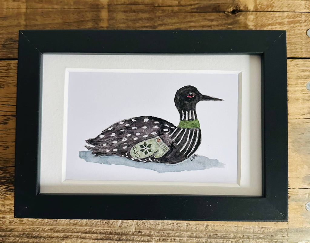 Framed 4x6 watercolor illustrated art-Mitten Loon