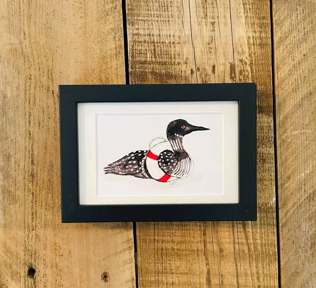 Framed watercolor 4x6 art-Life ring loon
