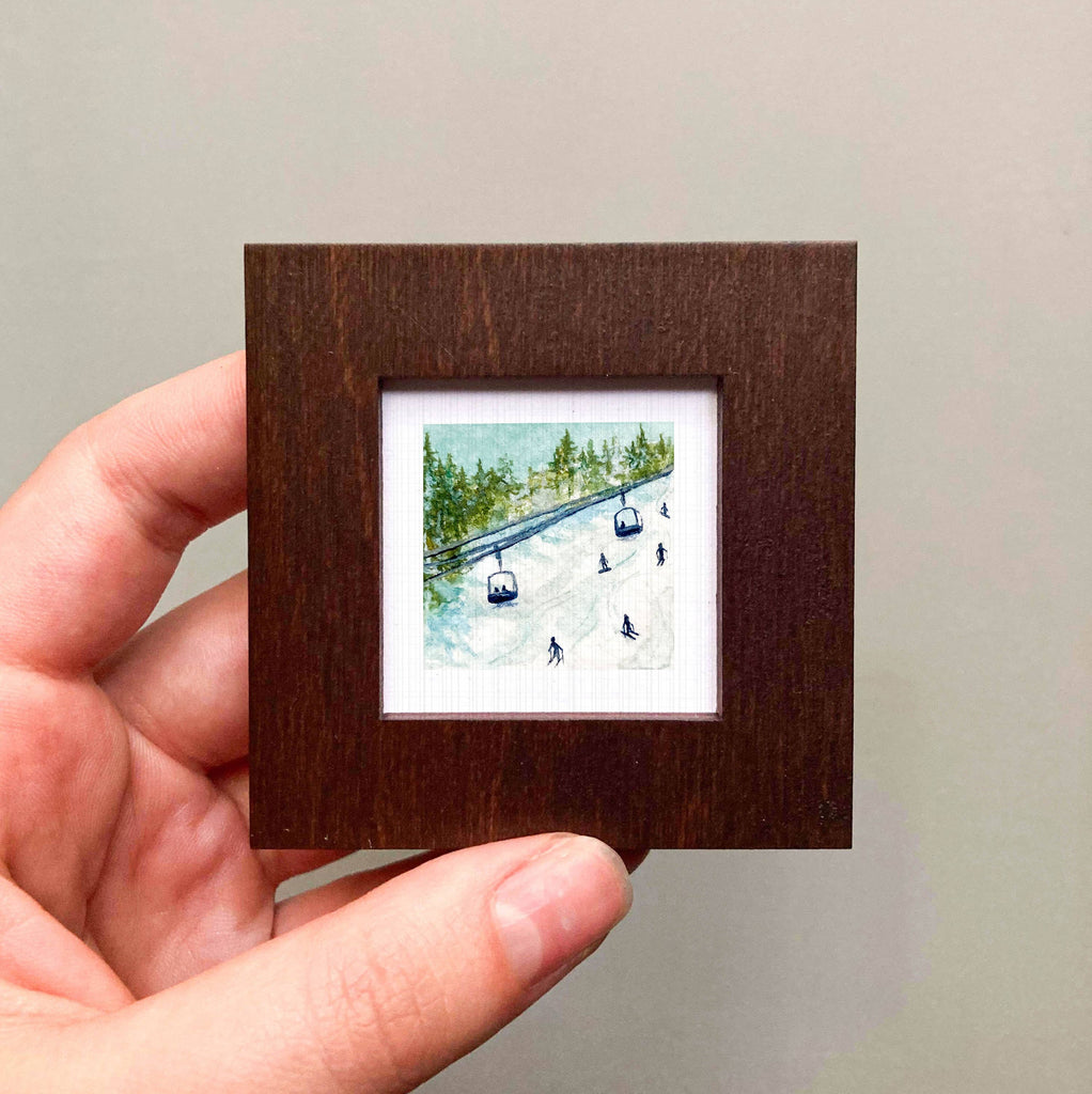 Skiing Snowboarding Mini Art Print - 1.5"-2.5" Framed - White Frame